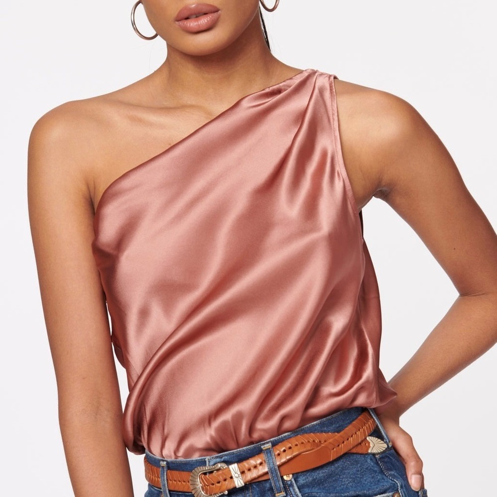 Cami Darby Draped One Shoulder Silk Bodysuit in Cordial Size Medium